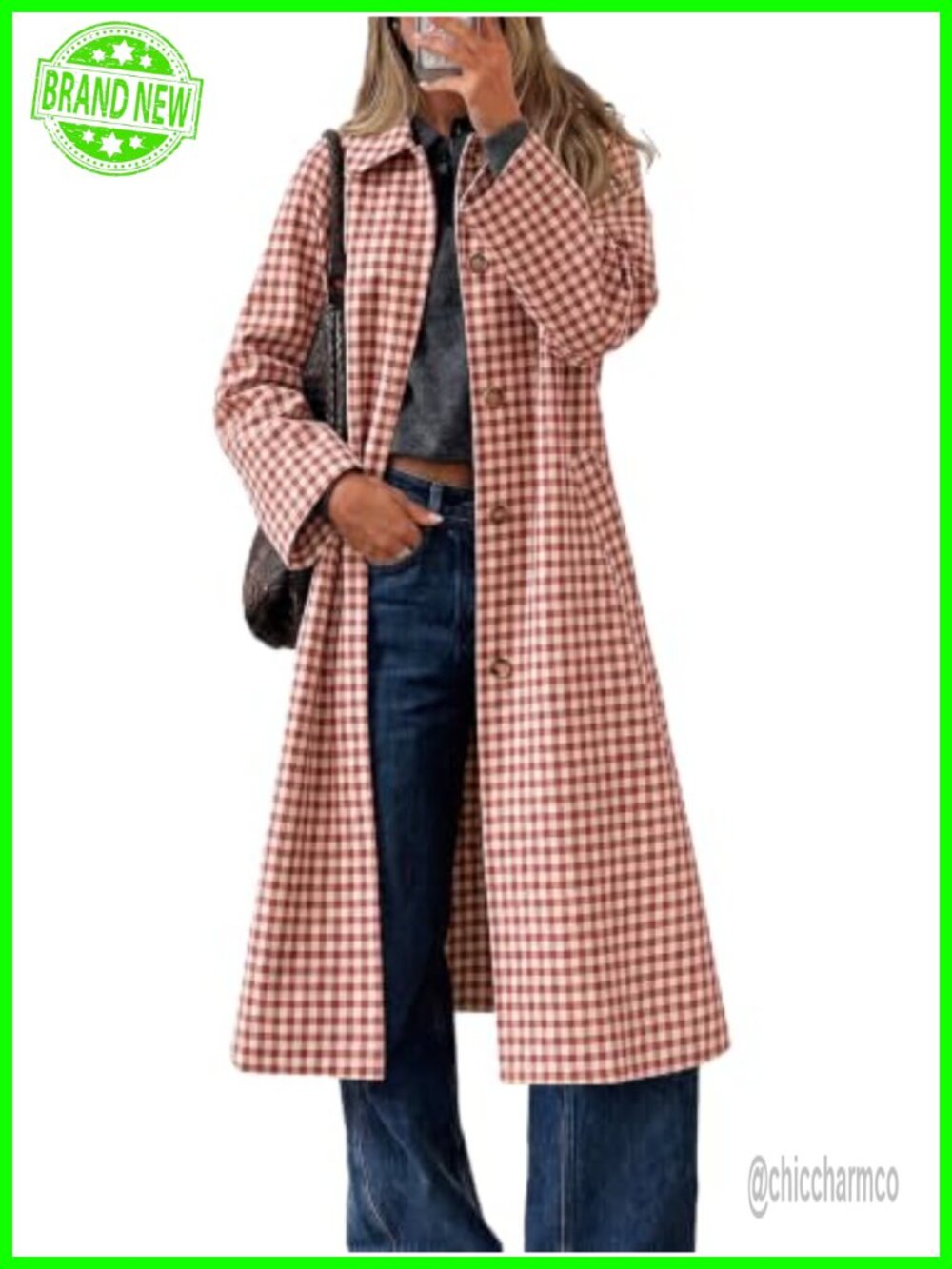 Women's Plaid Trench Coat Fall Lapel Single Breasted Long Jacket